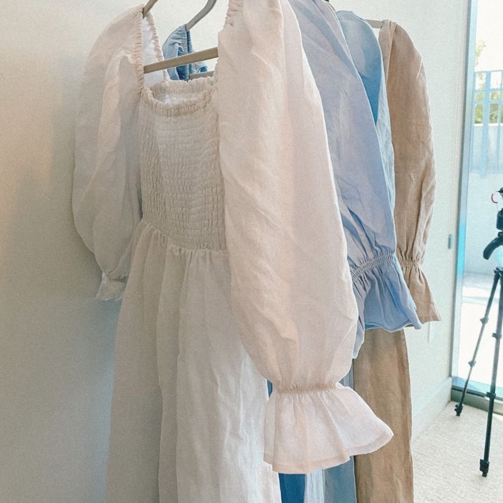 Smocked Puff-Sleeve Midi Dress in White